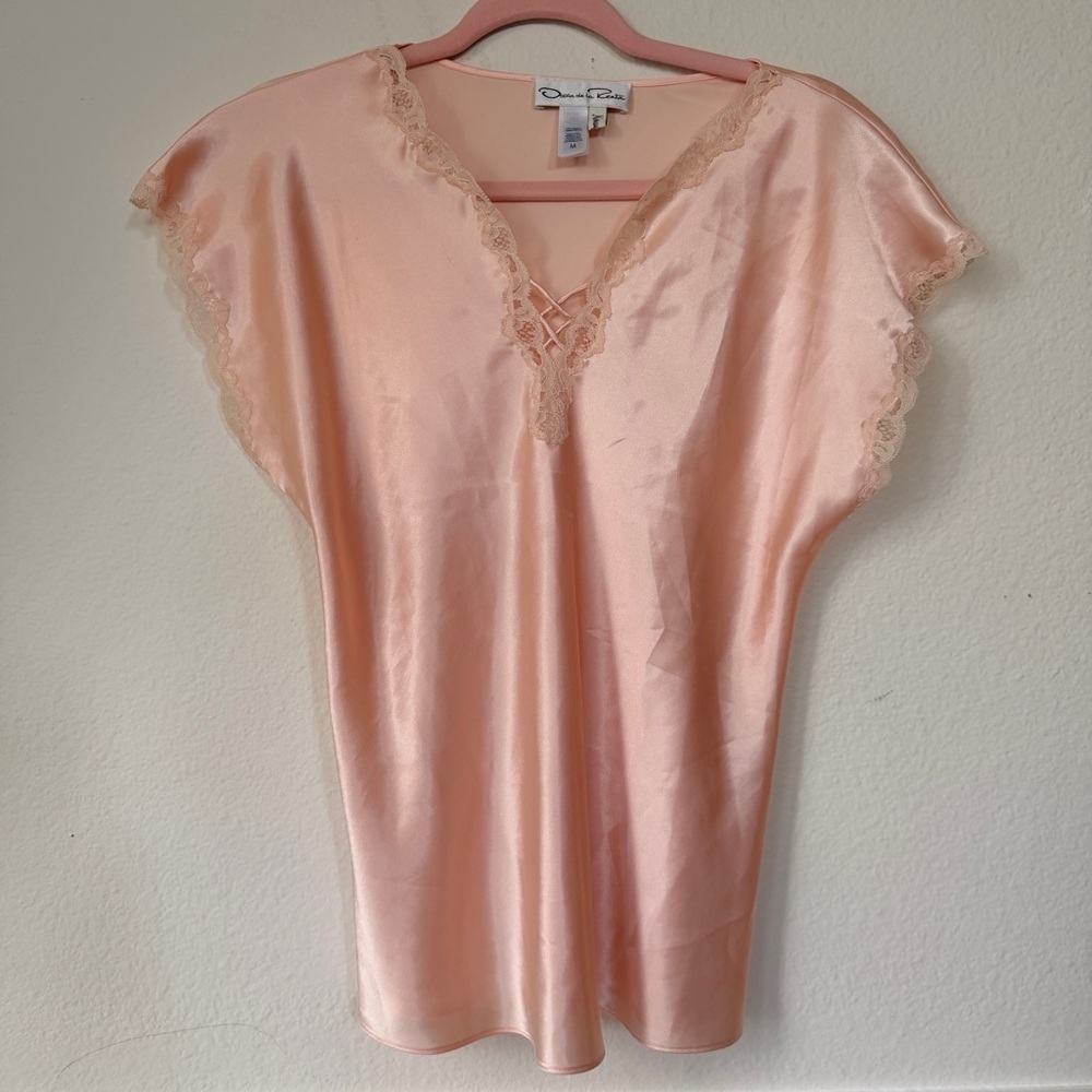 Oscar de la Renta Blush Satin‎ Lace Cami Top M Silky Coquette Lingerie Style